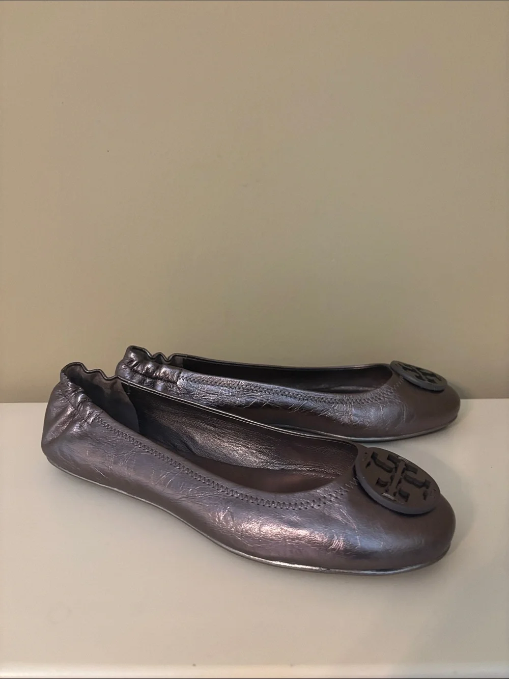 Tory Burch Minnie Travel Ballet Flats Gunmetal Metallic Pewter